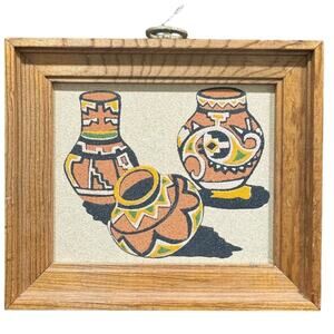 Vintage 1980s Handmade Sand Painting Pueblo Pottery in Handmade Frame